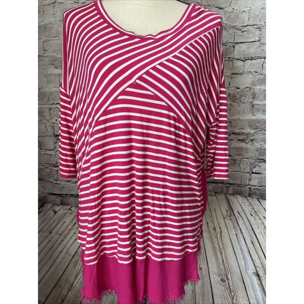 UMGEE Womens Shirt‎ M Tunic Pink Stripe Fray Edge 3/4 Sleeve Casual Colorful